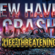 A viral, hyper-realistic YouTube thumbnail with a dramatic nighttime emergency atmosphere. The background is a dark rural intersection with flashing red and blue emergency lights casting dramatic shadows across wet pavement, with a utility pole visible in the distance and emergency vehicles creating a tense scene. The composition uses a low angle Dutch tilt to emphasize the severity and chaos of the accident scene. The main subject is a crumpled car door with shattered glass fragments catching the emergency lights, positioned prominently in the foreground with rescue equipment nearby. Image size should be 3:2. The image features massive 3D typography with strict hierarchy: The Primary Text reads exactly: 'NEW HAVEN CRASH'. This text is massive, the largest element in the frame, rendered in metallic chrome with emergency light reflections and urgent red glow effects to look like a high-budget 3D render. The Secondary Text reads exactly: 'LIFE-THREATENING'. This text is significantly smaller, positioned below the main text. It features a thick, distinct yellow and black caution-stripe border outline (sticker style) to contrast against the background. Make sure text 2 is always different theme, style, effect and border compared to text 1. The text materials correspond to the story's concept. Crucial Instruction: There is absolutely NO other text, numbers, watermarks, or subtitles in this image other than these two specific lines. 8k, Unreal Engine 5, cinematic render
