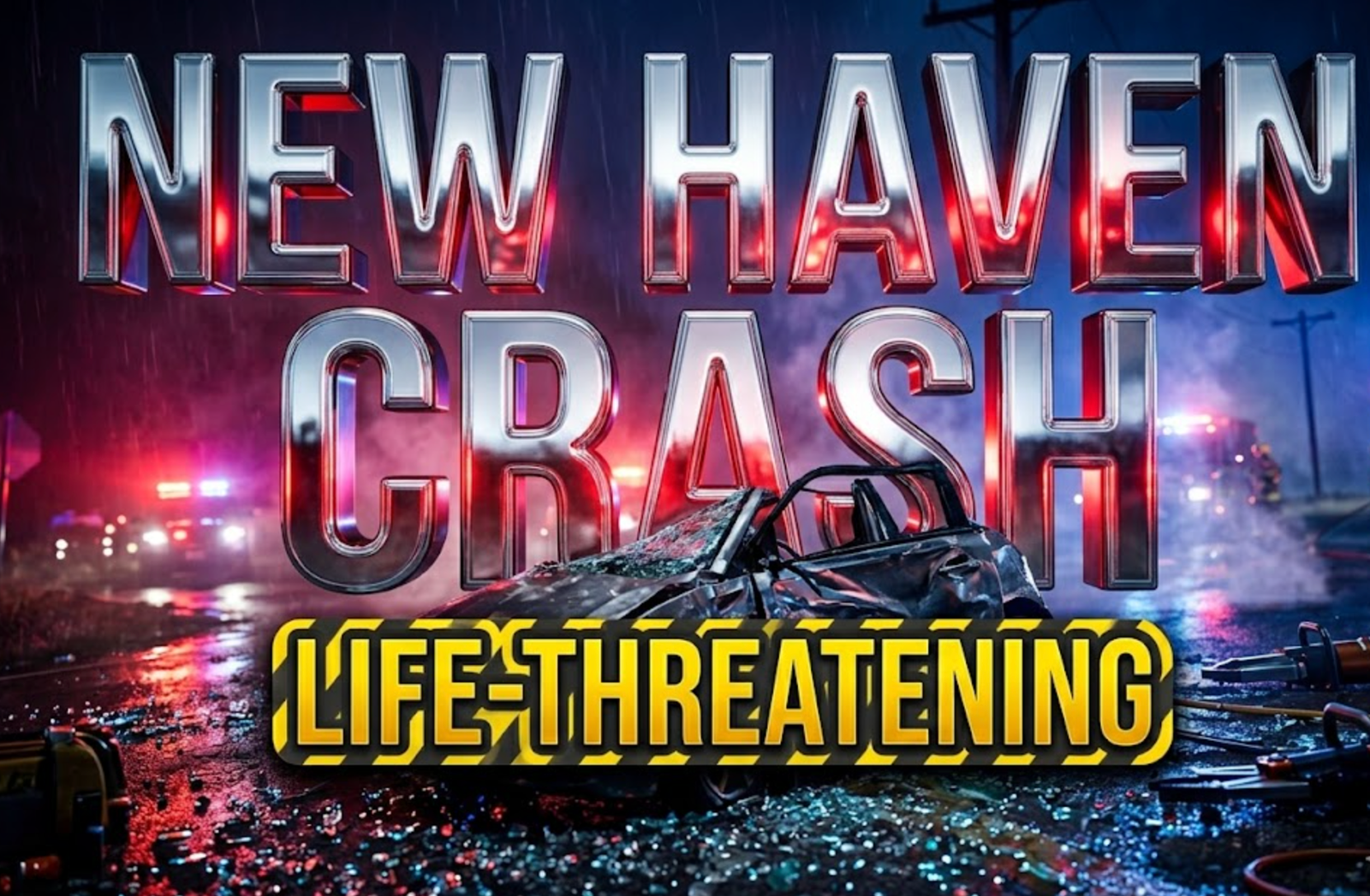 A viral, hyper-realistic YouTube thumbnail with a dramatic nighttime emergency atmosphere. The background is a dark rural intersection with flashing red and blue emergency lights casting dramatic shadows across wet pavement, with a utility pole visible in the distance and emergency vehicles creating a tense scene. The composition uses a low angle Dutch tilt to emphasize the severity and chaos of the accident scene. The main subject is a crumpled car door with shattered glass fragments catching the emergency lights, positioned prominently in the foreground with rescue equipment nearby. Image size should be 3:2. The image features massive 3D typography with strict hierarchy: The Primary Text reads exactly: 'NEW HAVEN CRASH'. This text is massive, the largest element in the frame, rendered in metallic chrome with emergency light reflections and urgent red glow effects to look like a high-budget 3D render. The Secondary Text reads exactly: 'LIFE-THREATENING'. This text is significantly smaller, positioned below the main text. It features a thick, distinct yellow and black caution-stripe border outline (sticker style) to contrast against the background. Make sure text 2 is always different theme, style, effect and border compared to text 1. The text materials correspond to the story's concept. Crucial Instruction: There is absolutely NO other text, numbers, watermarks, or subtitles in this image other than these two specific lines. 8k, Unreal Engine 5, cinematic render