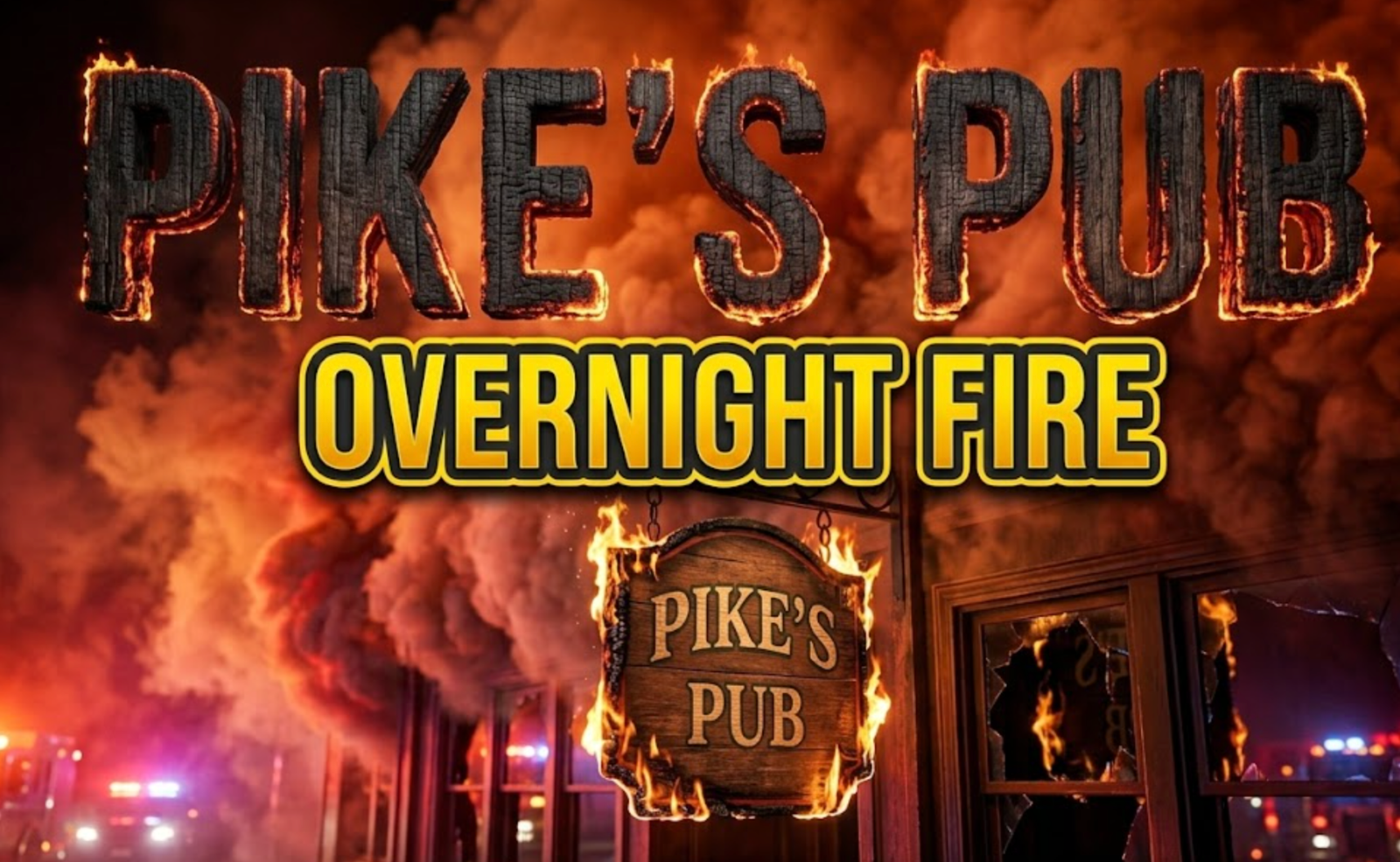 A viral, hyper-realistic YouTube thumbnail with a dramatic emergency atmosphere. The background is a nighttime commercial building exterior with billowing smoke clouds illuminated by red and orange emergency lights, creating an intense amber glow against the dark sky. The composition uses a low angle shot to focus on the main subject: a weathered wooden pub sign with flames licking at its edges, emergency vehicle lights reflecting off broken windows in the background. Image size should be 3:2. The image features massive 3D typography with strict hierarchy: The Primary Text reads exactly: 'PIKE'S PUB'. This text is massive, the largest element in the frame, rendered in charred wood texture with glowing ember edges to look like a high-budget 3D render. The Secondary Text reads exactly: 'OVERNIGHT FIRE'. This text is significantly smaller, positioned below the main text. It features a thick, distinct yellow and black border outline in bold sans-serif style to contrast against the smoky background. Make sure text 2 is always different theme, style, effect and border compared to text 1. The text materials correspond to the story's concept. Crucial Instruction: There is absolutely NO other text, numbers, watermarks, or subtitles in this image other than these two specific lines. 8k, Unreal Engine 5, cinematic render.