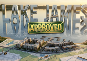 A viral, hyper-realistic YouTube thumbnail with a lakeside development atmosphere. The background is a serene lakefront scene with modern architectural blueprints overlaying a natural Indiana lake setting, featuring golden hour lighting reflecting off calm water. The composition uses a wide-angle aerial view to focus on the main subject: a detailed 3D architectural model of mixed-use buildings positioned on a topographic map of Lake James shoreline, with miniature construction elements and planning documents visible. Image size should be 3:2. The image features massive 3D typography with strict hierarchy: The Primary Text reads exactly: 'LAKE JAMES'. This text is massive, the largest element in the frame, rendered in polished chrome with water reflection effects to look like a high-budget 3D render. The Secondary Text reads exactly: 'APPROVED'. This text is significantly smaller, positioned below the main text. It features a thick, distinct green and gold border/outline (sticker style) with a stamped approval seal effect to contrast against the background. Make sure text 2 is always different theme, style, effect and border compared to text 1. The text materials correspond to the story's concept. Crucial Instruction: There is absolutely NO other text, numbers, watermarks, or subtitles in this image other than these two specific lines. 8k, Unreal Engine 5, cinematic render