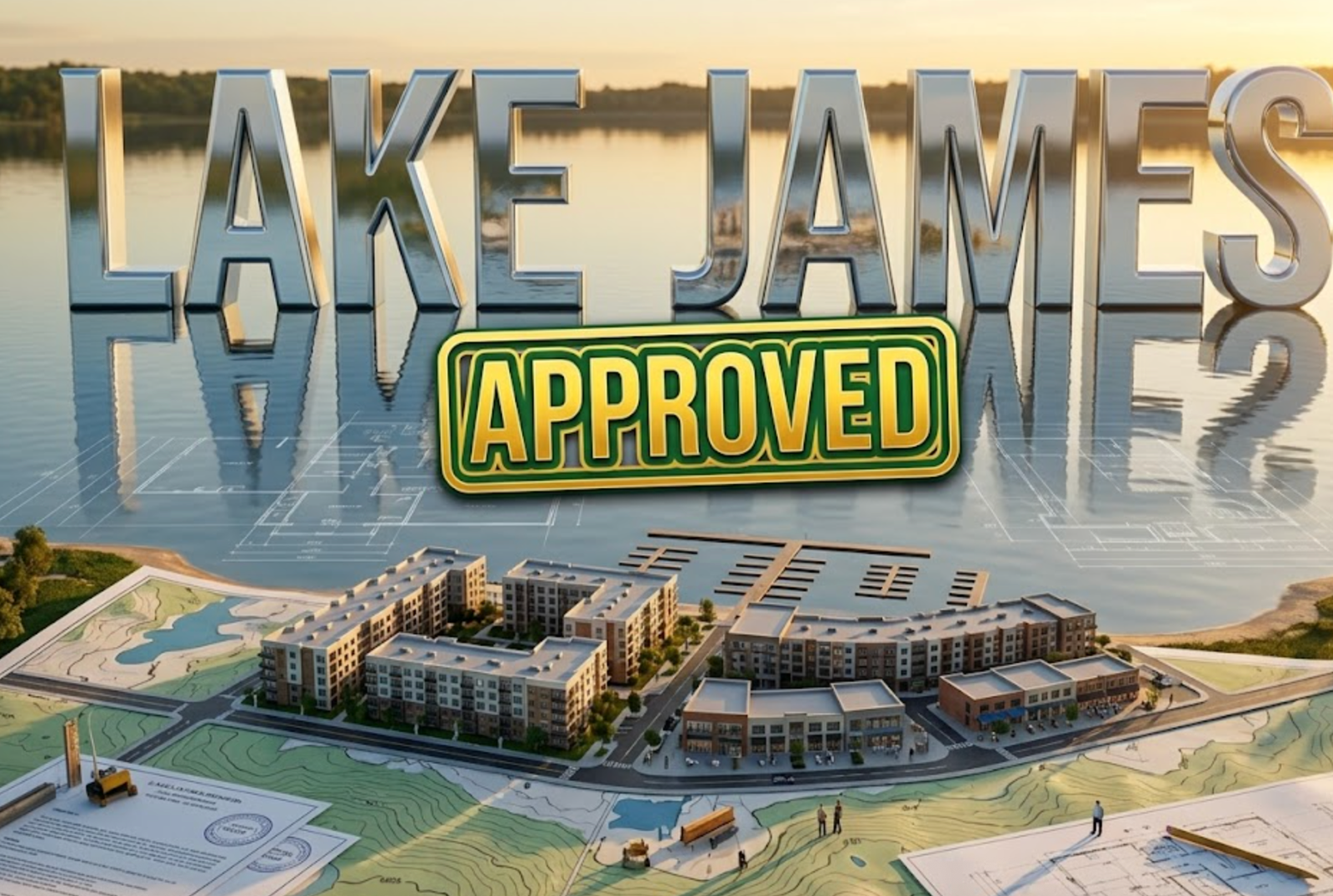 A viral, hyper-realistic YouTube thumbnail with a lakeside development atmosphere. The background is a serene lakefront scene with modern architectural blueprints overlaying a natural Indiana lake setting, featuring golden hour lighting reflecting off calm water. The composition uses a wide-angle aerial view to focus on the main subject: a detailed 3D architectural model of mixed-use buildings positioned on a topographic map of Lake James shoreline, with miniature construction elements and planning documents visible. Image size should be 3:2. The image features massive 3D typography with strict hierarchy: The Primary Text reads exactly: 'LAKE JAMES'. This text is massive, the largest element in the frame, rendered in polished chrome with water reflection effects to look like a high-budget 3D render. The Secondary Text reads exactly: 'APPROVED'. This text is significantly smaller, positioned below the main text. It features a thick, distinct green and gold border/outline (sticker style) with a stamped approval seal effect to contrast against the background. Make sure text 2 is always different theme, style, effect and border compared to text 1. The text materials correspond to the story's concept. Crucial Instruction: There is absolutely NO other text, numbers, watermarks, or subtitles in this image other than these two specific lines. 8k, Unreal Engine 5, cinematic render