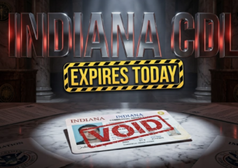 A viral, hyper-realistic YouTube thumbnail with a tense governmental atmosphere. The background is a dimly lit Indiana government building interior with dramatic spotlighting cutting through shadows and official state seals visible. The composition uses a low angle shot to focus on the main subject: a realistic Indiana commercial driver's license card lying on a polished marble desk, half-covered by an official VOID stamp, with blurred immigration documents scattered around it. Image size should be 3:2. The image features massive 3D typography with strict hierarchy: The Primary Text reads exactly: 'INDIANA CDL'. This text is massive, the largest element in the frame, rendered in metallic chrome with red alert lighting reflections to look like a high-budget 3D render. The Secondary Text reads exactly: 'EXPIRES TODAY'. This text is significantly smaller, positioned below the main text. It features a thick, distinct yellow and black hazard stripe border/outline in a bold sticker style to contrast against the background. Make sure text 2 is always different theme, style, effect and border compared to text 1. The text materials correspond to the story's concept. Crucial Instruction: There is absolutely NO other text, numbers, watermarks, or subtitles in this image other than these two specific lines. 8k, Unreal Engine 5, cinematic render