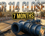 A viral, hyper-realistic YouTube thumbnail with an industrial infrastructure atmosphere. The background is a busy Indiana highway construction zone at golden hour with orange traffic cones lining both sides, heavy machinery visible in soft focus, and dramatic side lighting casting long shadows across asphalt. The composition uses a low angle shot to focus on the main subject: a massive blue water main pipe section resting on the roadside with visible valve connections and industrial bolts, surrounded by construction barriers and warning signs. Image size should be 3:2. The image features massive 3D typography with strict hierarchy: The Primary Text reads exactly: 'SR 114 CLOSED'. This text is massive, the largest element in the frame, rendered in reflective chrome metal with orange safety stripe accents to look like a high-budget 3D render with dramatic lighting reflections. The Secondary Text reads exactly: '7 MONTHS'. This text is significantly smaller, positioned below the main text. It features a thick, distinct bright yellow border with black outline in sticker style to contrast against the background. Make sure text 2 is always different theme, style, effect and border compared to text 1. The text materials correspond to the story's concept. Crucial Instruction: There is absolutely NO other text, numbers, watermarks, or subtitles in this image other than these two specific lines. 8k, Unreal Engine 5, cinematic render