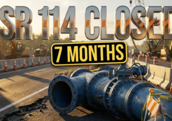 A viral, hyper-realistic YouTube thumbnail with an industrial infrastructure atmosphere. The background is a busy Indiana highway construction zone at golden hour with orange traffic cones lining both sides, heavy machinery visible in soft focus, and dramatic side lighting casting long shadows across asphalt. The composition uses a low angle shot to focus on the main subject: a massive blue water main pipe section resting on the roadside with visible valve connections and industrial bolts, surrounded by construction barriers and warning signs. Image size should be 3:2. The image features massive 3D typography with strict hierarchy: The Primary Text reads exactly: 'SR 114 CLOSED'. This text is massive, the largest element in the frame, rendered in reflective chrome metal with orange safety stripe accents to look like a high-budget 3D render with dramatic lighting reflections. The Secondary Text reads exactly: '7 MONTHS'. This text is significantly smaller, positioned below the main text. It features a thick, distinct bright yellow border with black outline in sticker style to contrast against the background. Make sure text 2 is always different theme, style, effect and border compared to text 1. The text materials correspond to the story's concept. Crucial Instruction: There is absolutely NO other text, numbers, watermarks, or subtitles in this image other than these two specific lines. 8k, Unreal Engine 5, cinematic render