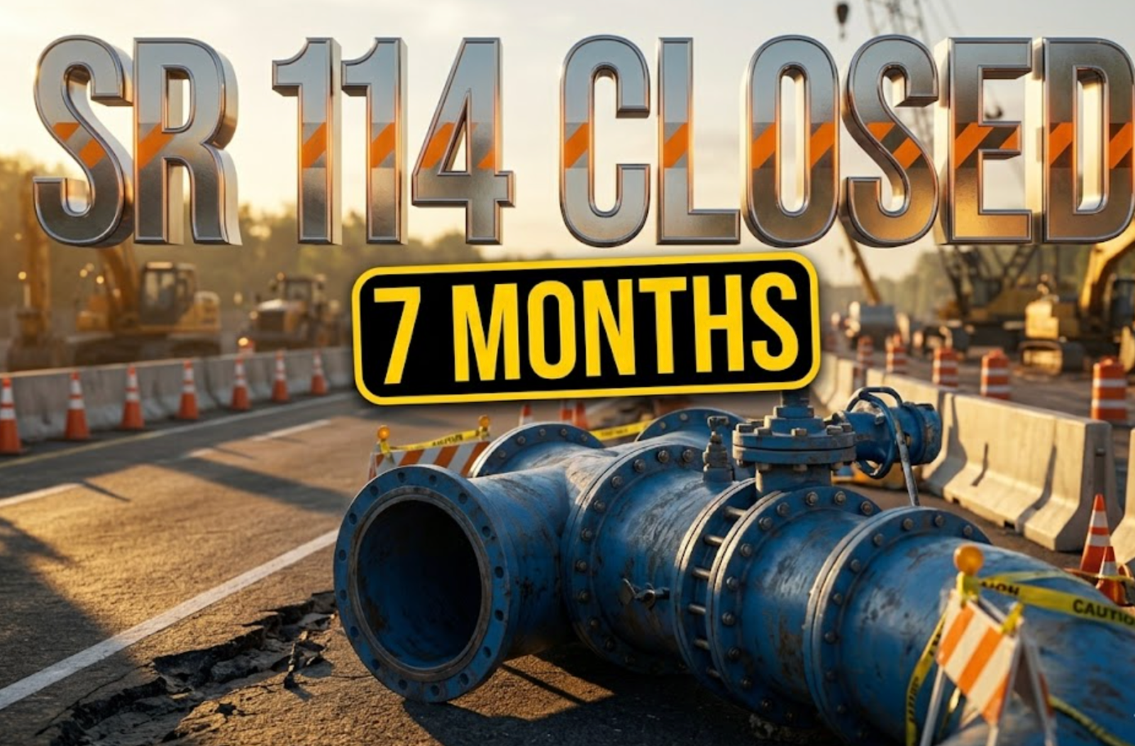 A viral, hyper-realistic YouTube thumbnail with an industrial infrastructure atmosphere. The background is a busy Indiana highway construction zone at golden hour with orange traffic cones lining both sides, heavy machinery visible in soft focus, and dramatic side lighting casting long shadows across asphalt. The composition uses a low angle shot to focus on the main subject: a massive blue water main pipe section resting on the roadside with visible valve connections and industrial bolts, surrounded by construction barriers and warning signs. Image size should be 3:2. The image features massive 3D typography with strict hierarchy: The Primary Text reads exactly: 'SR 114 CLOSED'. This text is massive, the largest element in the frame, rendered in reflective chrome metal with orange safety stripe accents to look like a high-budget 3D render with dramatic lighting reflections. The Secondary Text reads exactly: '7 MONTHS'. This text is significantly smaller, positioned below the main text. It features a thick, distinct bright yellow border with black outline in sticker style to contrast against the background. Make sure text 2 is always different theme, style, effect and border compared to text 1. The text materials correspond to the story's concept. Crucial Instruction: There is absolutely NO other text, numbers, watermarks, or subtitles in this image other than these two specific lines. 8k, Unreal Engine 5, cinematic render