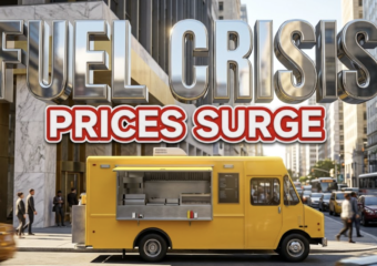 A viral, hyper-realistic YouTube thumbnail with a Gold and Marble Business atmosphere. The background is a busy city street corner with bright afternoon sunlight Lighting. The composition uses a Low Angle to focus on the main subject: a Detailed Faceless bright yellow mobile food truck. Image size should be 3:2. The image features massive 3D typography with strict hierarchy: The Primary Text reads exactly: 'FUEL CRISIS'. This text is massive, the largest element in the frame, rendered in glossy Chrome material to look like a high-budget 3D render. The Secondary Text reads exactly: 'PRICES SURGE'. This text is significantly smaller, positioned below or next to the main text. It features a thick, distinct red color border and outline sticker style to contrast against the background. Make sure text 2 is always different theme, style, effect and border compared to text 1. The text materials correspond to the story's concept. Crucial Instruction: There is absolutely NO other text, numbers, watermarks, or subtitles in this image other than these two specific lines. 8k, Unreal Engine 5, cinematic render.