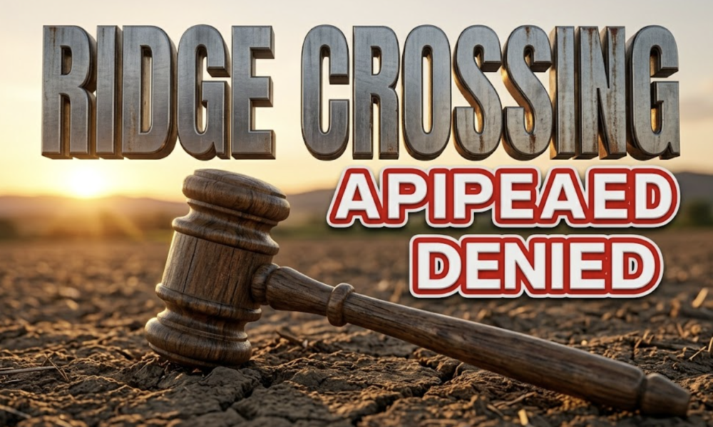 A viral, hyper-realistic YouTube thumbnail with a Earthy/Sunset atmosphere. The background is a detailed rustic Colorado farming field at dusk with warm golden hour lighting. The composition uses a Macro focus to focus on the main subject: a detailed rustic wooden judge gavel resting on dry farming soil. Image size should be 3:2. The image features massive 3D typography with strict hierarchy: The Primary Text reads exactly: 'RIDGE CROSSING'. This text is massive, the largest element in the frame, rendered in weathered brushed steel to look like a high-budget 3D render. The Secondary Text reads exactly: 'APPEAL DENIED'. This text is significantly smaller, positioned below or next to the main text. It features a thick, distinct crimson red border/outline (sticker style) to contrast against the background. Make sure text 2 is always different theme, style, effect and border compared to text 1. The text materials correspond to the story's concept. Crucial Instruction: There is absolutely NO other text, numbers, watermarks, or subtitles in this image other than these two specific lines. 8k, Unreal Engine 5, cinematic render