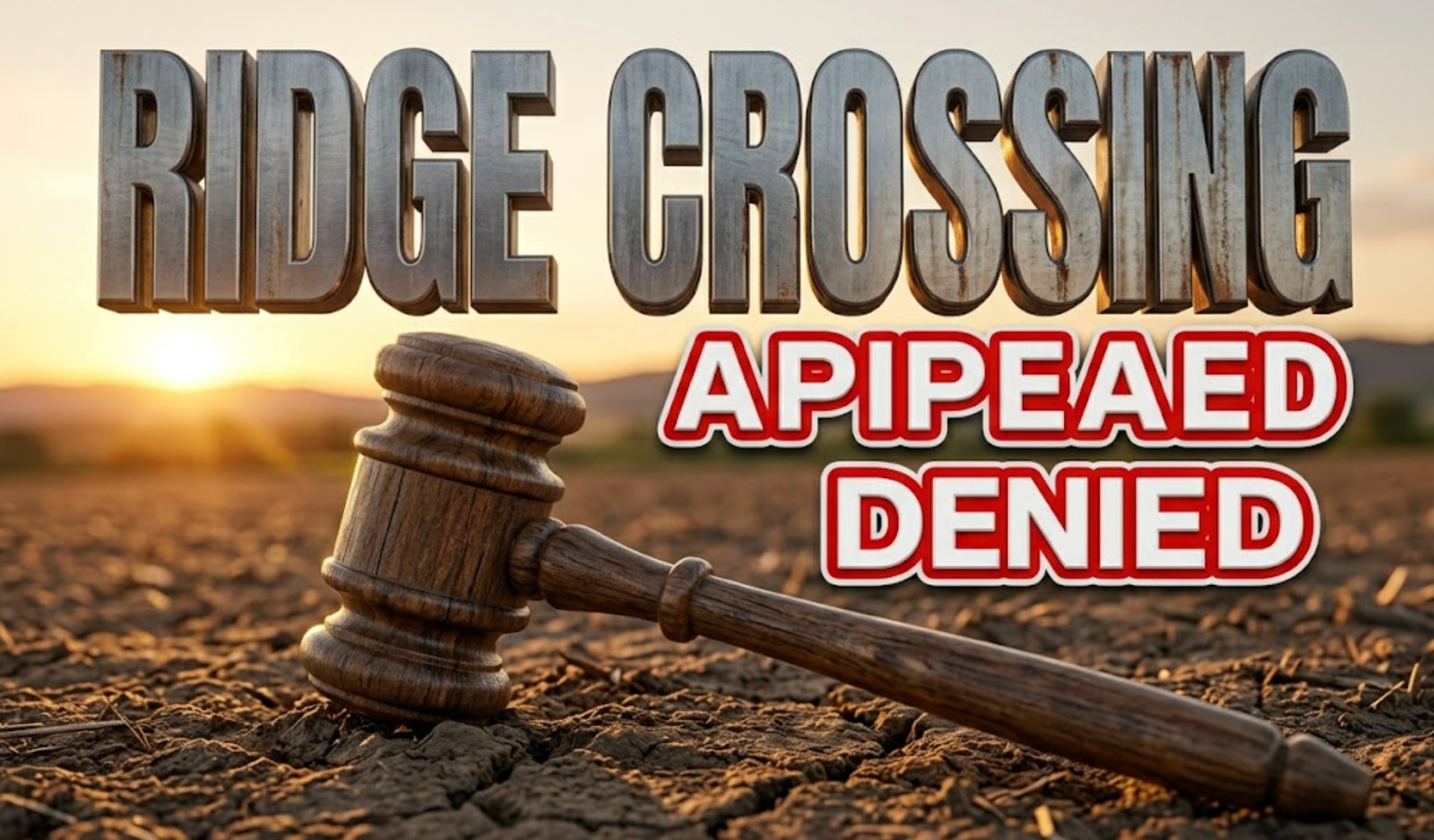 A viral, hyper-realistic YouTube thumbnail with a Earthy/Sunset atmosphere. The background is a detailed rustic Colorado farming field at dusk with warm golden hour lighting. The composition uses a Macro focus to focus on the main subject: a detailed rustic wooden judge gavel resting on dry farming soil. Image size should be 3:2. The image features massive 3D typography with strict hierarchy: The Primary Text reads exactly: 'RIDGE CROSSING'. This text is massive, the largest element in the frame, rendered in weathered brushed steel to look like a high-budget 3D render. The Secondary Text reads exactly: 'APPEAL DENIED'. This text is significantly smaller, positioned below or next to the main text. It features a thick, distinct crimson red border/outline (sticker style) to contrast against the background. Make sure text 2 is always different theme, style, effect and border compared to text 1. The text materials correspond to the story's concept. Crucial Instruction: There is absolutely NO other text, numbers, watermarks, or subtitles in this image other than these two specific lines. 8k, Unreal Engine 5, cinematic render