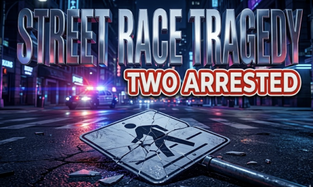 A viral, hyper-realistic YouTube thumbnail with a Neon atmosphere. The background is a dark city intersection at night with flashing red and blue police lighting. The composition uses a Dutch Angle to focus on the main subject: a detailed Faceless shattered pedestrian crossing street sign. Image size should be 3:2. The image features massive 3D typography with strict hierarchy: The Primary Text reads exactly: 'STREET RACE TRAGEDY'. This text is massive, the largest element in the frame, rendered in Chrome to look like a high-budget 3D render. The Secondary Text reads exactly: 'TWO ARRESTED'. This text is significantly smaller, positioned below or next to the main text. It features a thick, distinct red color border/outline (sticker style) to contrast against the background. Make sure text 2 is always different theme, style, effect and border compared to text 1. The text materials correspond to the story's concept. Crucial Instruction: There is absolutely NO other text, numbers, watermarks, or subtitles in this image other than these two specific lines. 8k, Unreal Engine 5, cinematic render.