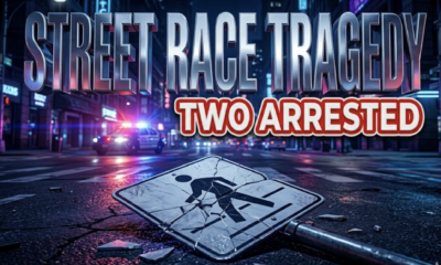 A viral, hyper-realistic YouTube thumbnail with a Neon atmosphere. The background is a dark city intersection at night with flashing red and blue police lighting. The composition uses a Dutch Angle to focus on the main subject: a detailed Faceless shattered pedestrian crossing street sign. Image size should be 3:2. The image features massive 3D typography with strict hierarchy: The Primary Text reads exactly: 'STREET RACE TRAGEDY'. This text is massive, the largest element in the frame, rendered in Chrome to look like a high-budget 3D render. The Secondary Text reads exactly: 'TWO ARRESTED'. This text is significantly smaller, positioned below or next to the main text. It features a thick, distinct red color border/outline (sticker style) to contrast against the background. Make sure text 2 is always different theme, style, effect and border compared to text 1. The text materials correspond to the story's concept. Crucial Instruction: There is absolutely NO other text, numbers, watermarks, or subtitles in this image other than these two specific lines. 8k, Unreal Engine 5, cinematic render.