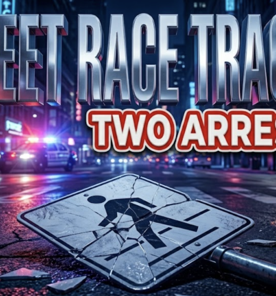 A viral, hyper-realistic YouTube thumbnail with a Neon atmosphere. The background is a dark city intersection at night with flashing red and blue police lighting. The composition uses a Dutch Angle to focus on the main subject: a detailed Faceless shattered pedestrian crossing street sign. Image size should be 3:2. The image features massive 3D typography with strict hierarchy: The Primary Text reads exactly: 'STREET RACE TRAGEDY'. This text is massive, the largest element in the frame, rendered in Chrome to look like a high-budget 3D render. The Secondary Text reads exactly: 'TWO ARRESTED'. This text is significantly smaller, positioned below or next to the main text. It features a thick, distinct red color border/outline (sticker style) to contrast against the background. Make sure text 2 is always different theme, style, effect and border compared to text 1. The text materials correspond to the story's concept. Crucial Instruction: There is absolutely NO other text, numbers, watermarks, or subtitles in this image other than these two specific lines. 8k, Unreal Engine 5, cinematic render.