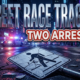 A viral, hyper-realistic YouTube thumbnail with a Neon atmosphere. The background is a dark city intersection at night with flashing red and blue police lighting. The composition uses a Dutch Angle to focus on the main subject: a detailed Faceless shattered pedestrian crossing street sign. Image size should be 3:2. The image features massive 3D typography with strict hierarchy: The Primary Text reads exactly: 'STREET RACE TRAGEDY'. This text is massive, the largest element in the frame, rendered in Chrome to look like a high-budget 3D render. The Secondary Text reads exactly: 'TWO ARRESTED'. This text is significantly smaller, positioned below or next to the main text. It features a thick, distinct red color border/outline (sticker style) to contrast against the background. Make sure text 2 is always different theme, style, effect and border compared to text 1. The text materials correspond to the story's concept. Crucial Instruction: There is absolutely NO other text, numbers, watermarks, or subtitles in this image other than these two specific lines. 8k, Unreal Engine 5, cinematic render.