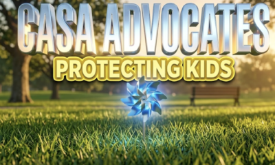 A viral, hyper-realistic YouTube thumbnail with an emotional and cinematic atmosphere. The background is a bright green community park bathed in warm morning sunlight. The composition uses a low macro angle to focus on the main subject: a glowing blue metallic pinwheel planted in the grass. Image size should be 3:2. The image features massive 3D typography with strict hierarchy: The Primary Text reads exactly: 'CASA ADVOCATES'. This text is massive, the largest element in the frame, rendered in bright glowing chrome to look like a high-budget 3D render. The Secondary Text reads exactly: 'PROTECTING KIDS'. This text is significantly smaller, positioned below the main text. It features a thick, distinct yellow sticker border to contrast against the background. The text materials correspond to the story's concept. Crucial Instruction: There is absolutely NO other text, numbers, watermarks, or subtitles in this image other than these two specific lines. 8k, Unreal Engine 5, cinematic render.