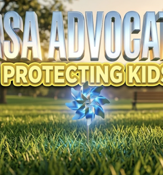 A viral, hyper-realistic YouTube thumbnail with an emotional and cinematic atmosphere. The background is a bright green community park bathed in warm morning sunlight. The composition uses a low macro angle to focus on the main subject: a glowing blue metallic pinwheel planted in the grass. Image size should be 3:2. The image features massive 3D typography with strict hierarchy: The Primary Text reads exactly: 'CASA ADVOCATES'. This text is massive, the largest element in the frame, rendered in bright glowing chrome to look like a high-budget 3D render. The Secondary Text reads exactly: 'PROTECTING KIDS'. This text is significantly smaller, positioned below the main text. It features a thick, distinct yellow sticker border to contrast against the background. The text materials correspond to the story's concept. Crucial Instruction: There is absolutely NO other text, numbers, watermarks, or subtitles in this image other than these two specific lines. 8k, Unreal Engine 5, cinematic render.