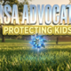 A viral, hyper-realistic YouTube thumbnail with an emotional and cinematic atmosphere. The background is a bright green community park bathed in warm morning sunlight. The composition uses a low macro angle to focus on the main subject: a glowing blue metallic pinwheel planted in the grass. Image size should be 3:2. The image features massive 3D typography with strict hierarchy: The Primary Text reads exactly: 'CASA ADVOCATES'. This text is massive, the largest element in the frame, rendered in bright glowing chrome to look like a high-budget 3D render. The Secondary Text reads exactly: 'PROTECTING KIDS'. This text is significantly smaller, positioned below the main text. It features a thick, distinct yellow sticker border to contrast against the background. The text materials correspond to the story's concept. Crucial Instruction: There is absolutely NO other text, numbers, watermarks, or subtitles in this image other than these two specific lines. 8k, Unreal Engine 5, cinematic render.