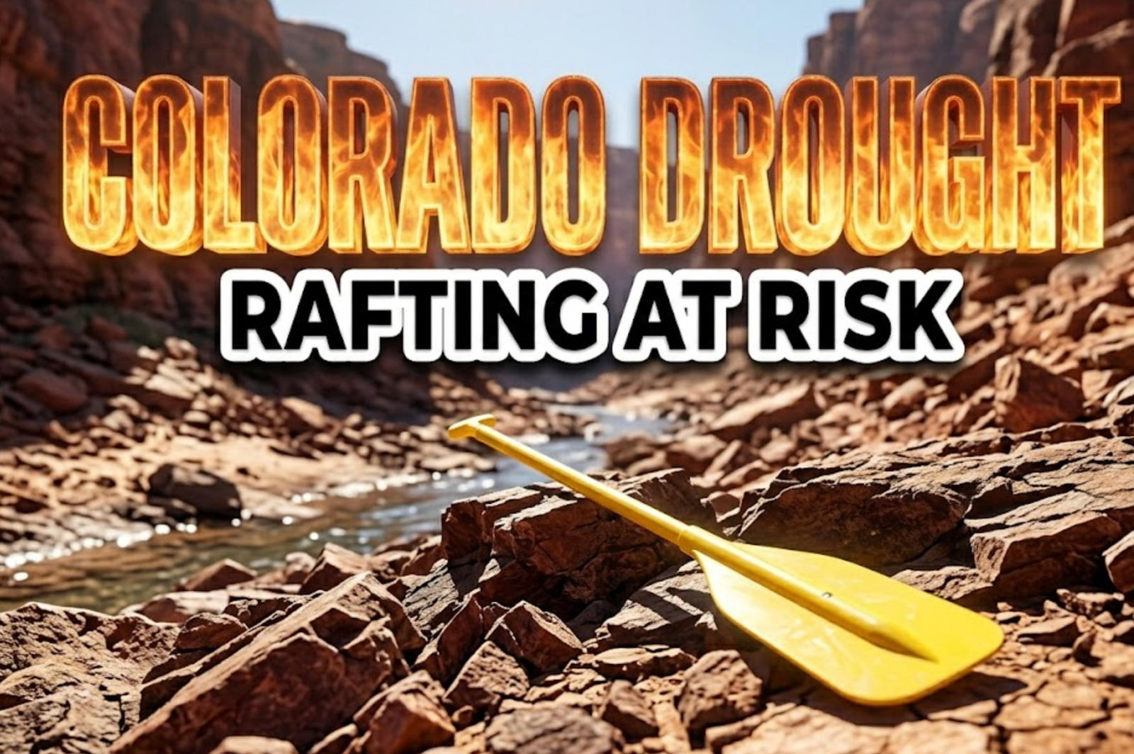 A viral, hyper-realistic YouTube thumbnail with a Kinetic atmosphere. The background is a sun-baked canyon riverbed with extremely low water levels with harsh midday sunlight. The composition uses a Low Angle to focus on the main subject: a bright yellow rubber rafting paddle resting on dry jagged rocks. Image size should be 3:2. The image features massive 3D typography with strict hierarchy: The Primary Text reads exactly: 'COLORADO DROUGHT'. This text is massive, the largest element in the frame, rendered in Orange and Yellow Fire to look like a high-budget 3D render. The Secondary Text reads exactly: 'RAFTING AT RISK'. This text is significantly smaller, positioned below or next to the main text. It features a thick, distinct black color border/outline (sticker style) to contrast against the background. Make sure text 2 is always different theme, style, effect and border compared to text 1. The text materials correspond to the story's concept. Crucial Instruction: There is absolutely NO other text, numbers, watermarks, or subtitles in this image other than these two specific lines. 8k, Unreal Engine 5, cinematic render