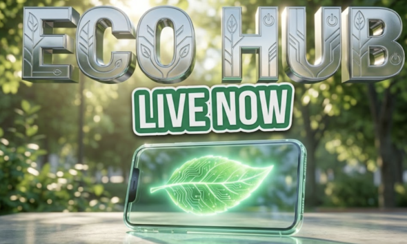 A viral, hyper-realistic YouTube thumbnail with a Sleek Tech atmosphere. The background is a vibrant city park with soft sunlight filtering through green leaves. The composition uses a Low Angle to focus on the main subject: a glowing transparent smartphone displaying a glowing green leaf. Image size should be 3:2. The image features massive 3D typography with strict hierarchy: The Primary Text reads exactly: 'ECO HUB'. This text is massive, the largest element in the frame, rendered in bright Chrome to look like a high-budget 3D render. The Secondary Text reads exactly: 'LIVE NOW'. This text is significantly smaller, positioned below or next to the main text. It features a thick, distinct color border/outline (sticker style) to contrast against the background. Make sure text 2 is always different theme, style, effect and border compared to text 1. The text materials correspond to the story's concept. Crucial Instruction: There is absolutely NO other text, numbers, watermarks, or subtitles in this image other than these two specific lines. 8k, Unreal Engine 5, cinematic render.