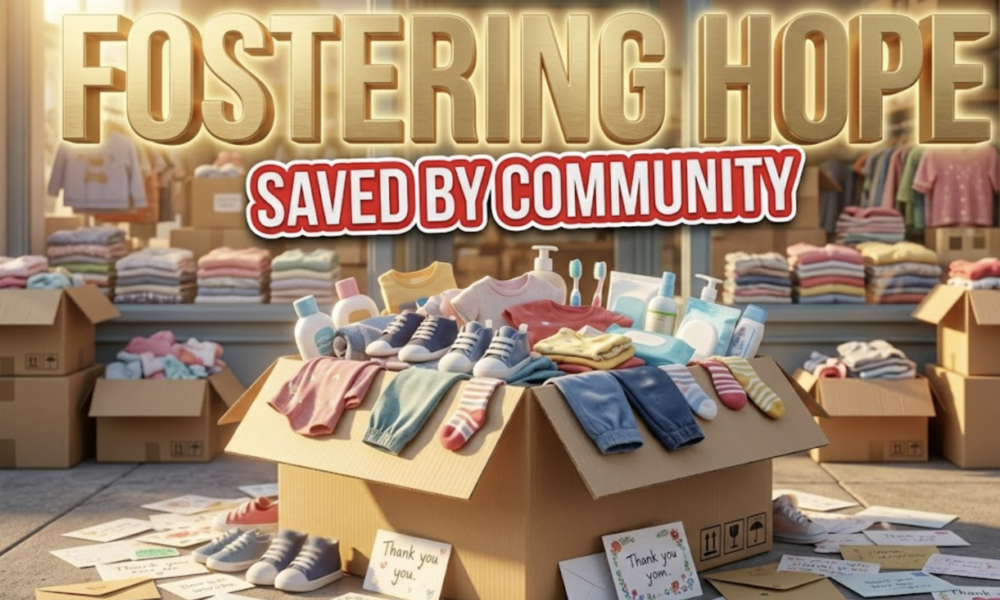 A viral, hyper-realistic YouTube thumbnail with a heartwarming community atmosphere. The background is a small charity storefront overflowing with neatly folded children's clothing and donation boxes, bathed in warm golden hour sunlight streaming through the windows. The composition uses a low angle to focus on the main subject: a large, overflowing cardboard donation box with children's clothes, shoes, and hygiene products spilling out, surrounded by scattered thank-you cards and envelopes. Image size should be 3:2. The image features massive 3D typography with strict hierarchy: The Primary Text reads exactly: 'FOSTERING HOPE'. This text is massive, the largest element in the frame, rendered in warm brushed gold with a soft glowing halo effect to look like a high-budget 3D render. The Secondary Text reads exactly: 'SAVED BY COMMUNITY'. This text is significantly smaller, positioned below the main text. It features a thick, bright red border/outline in a sticker style with a clean white fill to contrast against the warm background. The text materials correspond to the story's concept of hope and rescue. Crucial Instruction: There is absolutely NO other text, numbers, watermarks, or subtitles in this image other than these two specific lines. 8k, Unreal Engine 5, cinematic render