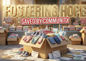A viral, hyper-realistic YouTube thumbnail with a heartwarming community atmosphere. The background is a small charity storefront overflowing with neatly folded children's clothing and donation boxes, bathed in warm golden hour sunlight streaming through the windows. The composition uses a low angle to focus on the main subject: a large, overflowing cardboard donation box with children's clothes, shoes, and hygiene products spilling out, surrounded by scattered thank-you cards and envelopes. Image size should be 3:2. The image features massive 3D typography with strict hierarchy: The Primary Text reads exactly: 'FOSTERING HOPE'. This text is massive, the largest element in the frame, rendered in warm brushed gold with a soft glowing halo effect to look like a high-budget 3D render. The Secondary Text reads exactly: 'SAVED BY COMMUNITY'. This text is significantly smaller, positioned below the main text. It features a thick, bright red border/outline in a sticker style with a clean white fill to contrast against the warm background. The text materials correspond to the story's concept of hope and rescue. Crucial Instruction: There is absolutely NO other text, numbers, watermarks, or subtitles in this image other than these two specific lines. 8k, Unreal Engine 5, cinematic render