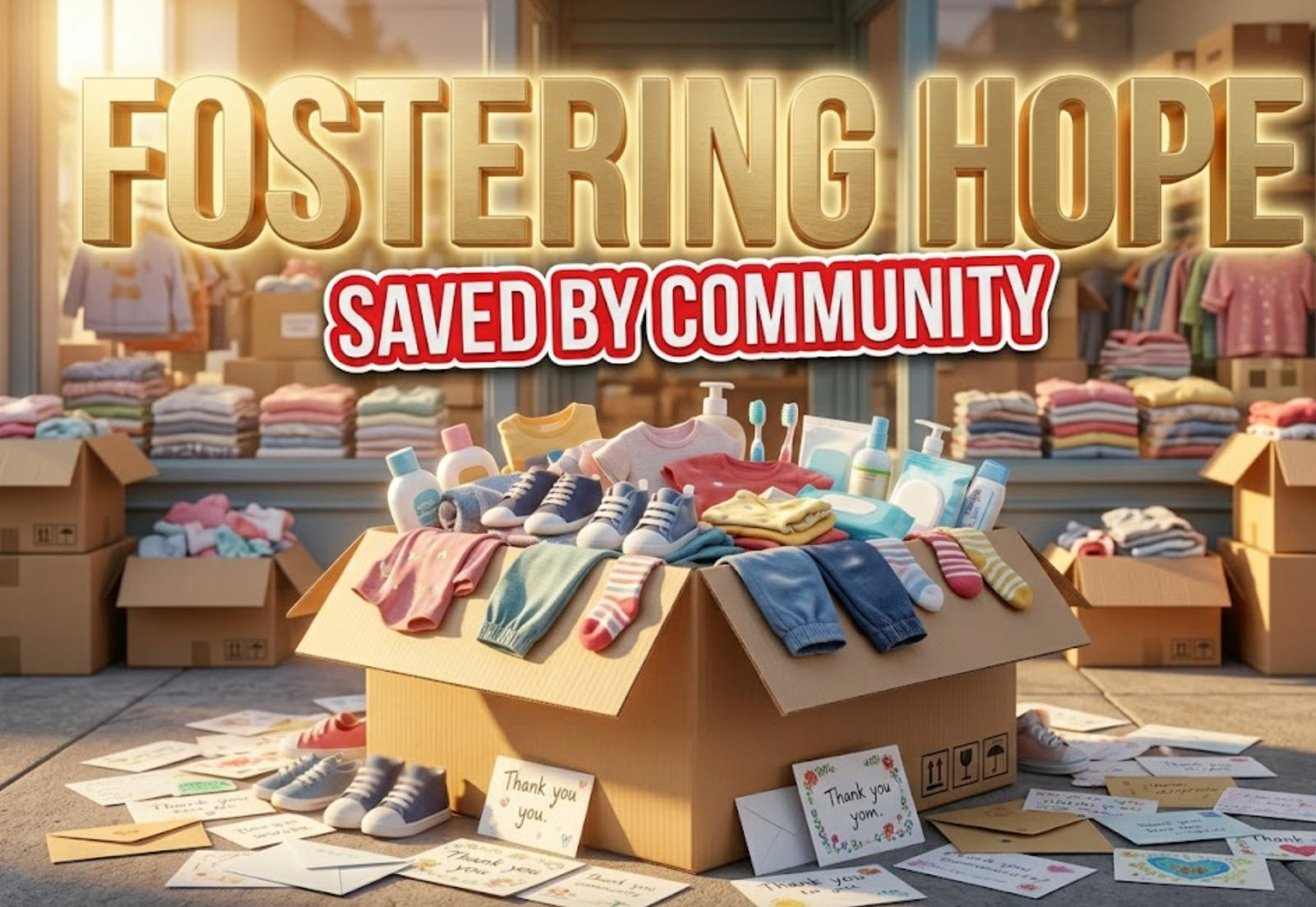 A viral, hyper-realistic YouTube thumbnail with a heartwarming community atmosphere. The background is a small charity storefront overflowing with neatly folded children's clothing and donation boxes, bathed in warm golden hour sunlight streaming through the windows. The composition uses a low angle to focus on the main subject: a large, overflowing cardboard donation box with children's clothes, shoes, and hygiene products spilling out, surrounded by scattered thank-you cards and envelopes. Image size should be 3:2. The image features massive 3D typography with strict hierarchy: The Primary Text reads exactly: 'FOSTERING HOPE'. This text is massive, the largest element in the frame, rendered in warm brushed gold with a soft glowing halo effect to look like a high-budget 3D render. The Secondary Text reads exactly: 'SAVED BY COMMUNITY'. This text is significantly smaller, positioned below the main text. It features a thick, bright red border/outline in a sticker style with a clean white fill to contrast against the warm background. The text materials correspond to the story's concept of hope and rescue. Crucial Instruction: There is absolutely NO other text, numbers, watermarks, or subtitles in this image other than these two specific lines. 8k, Unreal Engine 5, cinematic render