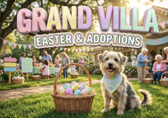 A viral, hyper-realistic YouTube thumbnail with a heartwarming community atmosphere. The background is a sunlit outdoor lawn at an assisted living facility decorated with pastel Easter banners and colorful egg hunt stations, with soft golden hour lighting filtering through trees. The composition uses a wide-angle establishing shot to focus on the main subject: a wicker Easter basket overflowing with bright eggs positioned next to an adorable rescue dog wearing a pastel adoption bandana. Image size should be 3:2. The image features massive 3D typography with strict hierarchy: The Primary Text reads exactly: 'GRAND VILLA'. This text is massive, the largest element in the frame, rendered in glossy pastel gradient material with soft spring colors (pink, yellow, lavender) to look like a high-budget 3D render. The Secondary Text reads exactly: 'EASTER & ADOPTIONS'. This text is significantly smaller, positioned below the main text. It features a thick, distinct white border with a subtle rainbow outline (sticker style) to contrast against the background. Make sure text 2 is always different theme, style, effect and border compared to text 1. The text materials correspond to the story's concept. Crucial Instruction: There is absolutely NO other text, numbers, watermarks, or subtitles in this image other than these two specific lines. 8k, Unreal Engine 5, cinematic rende