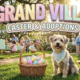 A viral, hyper-realistic YouTube thumbnail with a heartwarming community atmosphere. The background is a sunlit outdoor lawn at an assisted living facility decorated with pastel Easter banners and colorful egg hunt stations, with soft golden hour lighting filtering through trees. The composition uses a wide-angle establishing shot to focus on the main subject: a wicker Easter basket overflowing with bright eggs positioned next to an adorable rescue dog wearing a pastel adoption bandana. Image size should be 3:2. The image features massive 3D typography with strict hierarchy: The Primary Text reads exactly: 'GRAND VILLA'. This text is massive, the largest element in the frame, rendered in glossy pastel gradient material with soft spring colors (pink, yellow, lavender) to look like a high-budget 3D render. The Secondary Text reads exactly: 'EASTER & ADOPTIONS'. This text is significantly smaller, positioned below the main text. It features a thick, distinct white border with a subtle rainbow outline (sticker style) to contrast against the background. Make sure text 2 is always different theme, style, effect and border compared to text 1. The text materials correspond to the story's concept. Crucial Instruction: There is absolutely NO other text, numbers, watermarks, or subtitles in this image other than these two specific lines. 8k, Unreal Engine 5, cinematic rende