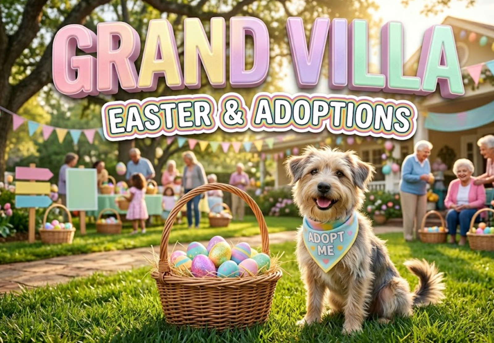A viral, hyper-realistic YouTube thumbnail with a heartwarming community atmosphere. The background is a sunlit outdoor lawn at an assisted living facility decorated with pastel Easter banners and colorful egg hunt stations, with soft golden hour lighting filtering through trees. The composition uses a wide-angle establishing shot to focus on the main subject: a wicker Easter basket overflowing with bright eggs positioned next to an adorable rescue dog wearing a pastel adoption bandana. Image size should be 3:2. The image features massive 3D typography with strict hierarchy: The Primary Text reads exactly: 'GRAND VILLA'. This text is massive, the largest element in the frame, rendered in glossy pastel gradient material with soft spring colors (pink, yellow, lavender) to look like a high-budget 3D render. The Secondary Text reads exactly: 'EASTER & ADOPTIONS'. This text is significantly smaller, positioned below the main text. It features a thick, distinct white border with a subtle rainbow outline (sticker style) to contrast against the background. Make sure text 2 is always different theme, style, effect and border compared to text 1. The text materials correspond to the story's concept. Crucial Instruction: There is absolutely NO other text, numbers, watermarks, or subtitles in this image other than these two specific lines. 8k, Unreal Engine 5, cinematic rende