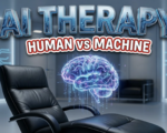 A viral, hyper-realistic YouTube thumbnail with a sleek medical-tech atmosphere. The background is a modern therapy office with soft ambient lighting mixed with subtle neon blue AI circuit patterns glowing on the walls. The composition uses a straight-on eye-level angle to focus on the main subject: a comfortable leather therapy chair facing a translucent holographic brain made of glowing neural networks and data streams floating in mid-air. Image size should be 3:2. The image features massive 3D typography with strict hierarchy: The Primary Text reads exactly: 'AI THERAPY'. This text is massive, the largest element in the frame, rendered in chrome with electric blue circuitry flowing through it to look like a high-budget 3D render. The Secondary Text reads exactly: 'HUMAN vs MACHINE'. This text is significantly smaller, positioned below the main text. It features a thick, distinct white border with a red outline (sticker style) to contrast against the background. Make sure text 2 is always different theme, style, effect and border compared to text 1. The text materials correspond to the story's concept. Crucial Instruction: There is absolutely NO other text, numbers, watermarks, or subtitles in this image other than these two specific lines. 8k, Unreal Engine 5, cinematic render