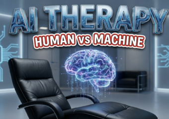 A viral, hyper-realistic YouTube thumbnail with a sleek medical-tech atmosphere. The background is a modern therapy office with soft ambient lighting mixed with subtle neon blue AI circuit patterns glowing on the walls. The composition uses a straight-on eye-level angle to focus on the main subject: a comfortable leather therapy chair facing a translucent holographic brain made of glowing neural networks and data streams floating in mid-air. Image size should be 3:2. The image features massive 3D typography with strict hierarchy: The Primary Text reads exactly: 'AI THERAPY'. This text is massive, the largest element in the frame, rendered in chrome with electric blue circuitry flowing through it to look like a high-budget 3D render. The Secondary Text reads exactly: 'HUMAN vs MACHINE'. This text is significantly smaller, positioned below the main text. It features a thick, distinct white border with a red outline (sticker style) to contrast against the background. Make sure text 2 is always different theme, style, effect and border compared to text 1. The text materials correspond to the story's concept. Crucial Instruction: There is absolutely NO other text, numbers, watermarks, or subtitles in this image other than these two specific lines. 8k, Unreal Engine 5, cinematic render