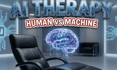 A viral, hyper-realistic YouTube thumbnail with a sleek medical-tech atmosphere. The background is a modern therapy office with soft ambient lighting mixed with subtle neon blue AI circuit patterns glowing on the walls. The composition uses a straight-on eye-level angle to focus on the main subject: a comfortable leather therapy chair facing a translucent holographic brain made of glowing neural networks and data streams floating in mid-air. Image size should be 3:2. The image features massive 3D typography with strict hierarchy: The Primary Text reads exactly: 'AI THERAPY'. This text is massive, the largest element in the frame, rendered in chrome with electric blue circuitry flowing through it to look like a high-budget 3D render. The Secondary Text reads exactly: 'HUMAN vs MACHINE'. This text is significantly smaller, positioned below the main text. It features a thick, distinct white border with a red outline (sticker style) to contrast against the background. Make sure text 2 is always different theme, style, effect and border compared to text 1. The text materials correspond to the story's concept. Crucial Instruction: There is absolutely NO other text, numbers, watermarks, or subtitles in this image other than these two specific lines. 8k, Unreal Engine 5, cinematic render