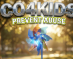 A viral, hyper-realistic YouTube thumbnail with a warm, hopeful lifestyle atmosphere. The background is a beautifully blurred, sunlit local community park with soft golden hour lighting. The composition uses a low angle to focus on the main subject: a highly detailed, glowing blue toy pinwheel spinning gently in the breeze. Image size should be 3:2. The image features massive 3D typography with strict hierarchy: The Primary Text reads exactly: 'CO4KIDS'. This text is massive, the largest element in the frame, rendered in shiny metallic silver to look like a high-budget 3D render. The Secondary Text reads exactly: 'PREVENT ABUSE'. This text is significantly smaller, positioned below the main text. It features a thick, distinct neon yellow border outline (sticker style) to contrast against the background. The text materials correspond to the story's concept. Crucial Instruction: There is absolutely NO other text, numbers, watermarks, or subtitles in this image other than these two specific lines. 8k, Unreal Engine 5, cinematic render.