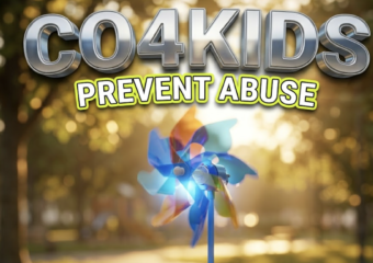 A viral, hyper-realistic YouTube thumbnail with a warm, hopeful lifestyle atmosphere. The background is a beautifully blurred, sunlit local community park with soft golden hour lighting. The composition uses a low angle to focus on the main subject: a highly detailed, glowing blue toy pinwheel spinning gently in the breeze. Image size should be 3:2. The image features massive 3D typography with strict hierarchy: The Primary Text reads exactly: 'CO4KIDS'. This text is massive, the largest element in the frame, rendered in shiny metallic silver to look like a high-budget 3D render. The Secondary Text reads exactly: 'PREVENT ABUSE'. This text is significantly smaller, positioned below the main text. It features a thick, distinct neon yellow border outline (sticker style) to contrast against the background. The text materials correspond to the story's concept. Crucial Instruction: There is absolutely NO other text, numbers, watermarks, or subtitles in this image other than these two specific lines. 8k, Unreal Engine 5, cinematic render.