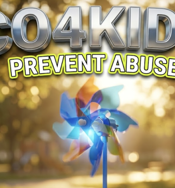 A viral, hyper-realistic YouTube thumbnail with a warm, hopeful lifestyle atmosphere. The background is a beautifully blurred, sunlit local community park with soft golden hour lighting. The composition uses a low angle to focus on the main subject: a highly detailed, glowing blue toy pinwheel spinning gently in the breeze. Image size should be 3:2. The image features massive 3D typography with strict hierarchy: The Primary Text reads exactly: 'CO4KIDS'. This text is massive, the largest element in the frame, rendered in shiny metallic silver to look like a high-budget 3D render. The Secondary Text reads exactly: 'PREVENT ABUSE'. This text is significantly smaller, positioned below the main text. It features a thick, distinct neon yellow border outline (sticker style) to contrast against the background. The text materials correspond to the story's concept. Crucial Instruction: There is absolutely NO other text, numbers, watermarks, or subtitles in this image other than these two specific lines. 8k, Unreal Engine 5, cinematic render.