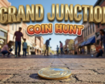 A viral, hyper-realistic YouTube thumbnail with a vibrant spring community event atmosphere. The background is a bustling downtown street scene with brick buildings, shop fronts, and clear blue Colorado skies with warm afternoon lighting. The composition uses a low angle shot to focus on the main subject: a gleaming golden commemorative coin resting on vintage brick pavement, with blurred silhouettes of families searching in the background. Image size should be 3:2. The image features massive 3D typography with strict hierarchy: The Primary Text reads exactly: 'GRAND JUNCTION'. This text is massive, the largest element in the frame, rendered in polished gold metallic material with engraved texture to look like a high-budget 3D render. The Secondary Text reads exactly: 'COIN HUNT'. This text is significantly smaller, positioned below the main text. It features a thick, distinct orange and red gradient border/outline (sticker style) with a playful adventure font to contrast against the background. Make sure text 2 is always different theme, style, effect and border compared to text 1. The text materials correspond to the story's concept. Crucial Instruction: There is absolutely NO other text, numbers, watermarks, or subtitles in this image other than these two specific lines. 8k, Unreal Engine 5, cinematic render.