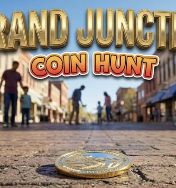 A viral, hyper-realistic YouTube thumbnail with a vibrant spring community event atmosphere. The background is a bustling downtown street scene with brick buildings, shop fronts, and clear blue Colorado skies with warm afternoon lighting. The composition uses a low angle shot to focus on the main subject: a gleaming golden commemorative coin resting on vintage brick pavement, with blurred silhouettes of families searching in the background. Image size should be 3:2. The image features massive 3D typography with strict hierarchy: The Primary Text reads exactly: 'GRAND JUNCTION'. This text is massive, the largest element in the frame, rendered in polished gold metallic material with engraved texture to look like a high-budget 3D render. The Secondary Text reads exactly: 'COIN HUNT'. This text is significantly smaller, positioned below the main text. It features a thick, distinct orange and red gradient border/outline (sticker style) with a playful adventure font to contrast against the background. Make sure text 2 is always different theme, style, effect and border compared to text 1. The text materials correspond to the story's concept. Crucial Instruction: There is absolutely NO other text, numbers, watermarks, or subtitles in this image other than these two specific lines. 8k, Unreal Engine 5, cinematic render.