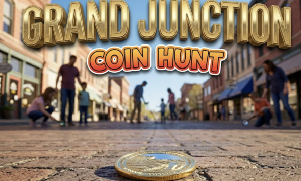 A viral, hyper-realistic YouTube thumbnail with a vibrant spring community event atmosphere. The background is a bustling downtown street scene with brick buildings, shop fronts, and clear blue Colorado skies with warm afternoon lighting. The composition uses a low angle shot to focus on the main subject: a gleaming golden commemorative coin resting on vintage brick pavement, with blurred silhouettes of families searching in the background. Image size should be 3:2. The image features massive 3D typography with strict hierarchy: The Primary Text reads exactly: 'GRAND JUNCTION'. This text is massive, the largest element in the frame, rendered in polished gold metallic material with engraved texture to look like a high-budget 3D render. The Secondary Text reads exactly: 'COIN HUNT'. This text is significantly smaller, positioned below the main text. It features a thick, distinct orange and red gradient border/outline (sticker style) with a playful adventure font to contrast against the background. Make sure text 2 is always different theme, style, effect and border compared to text 1. The text materials correspond to the story's concept. Crucial Instruction: There is absolutely NO other text, numbers, watermarks, or subtitles in this image other than these two specific lines. 8k, Unreal Engine 5, cinematic render.