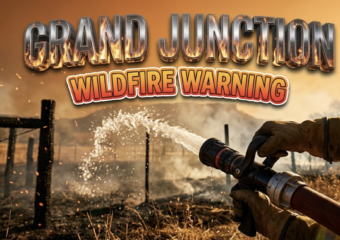 A viral, hyper-realistic YouTube thumbnail with a dramatic emergency response atmosphere. The background is a sun-scorched Colorado backyard with charred fence posts, swirling smoke, and a deep orange-amber gradient sky suggesting late morning heat. Harsh sunlight creates dramatic shadows while ember particles float in the air. The composition uses a low angle shot to emphasize urgency, focusing on the main subject: a professional fire hose nozzle spraying water in a powerful arc, with water droplets catching golden sunlight against the smoky background. Image size should be 3:2. The image features massive 3D typography with strict hierarchy: The Primary Text reads exactly: 'GRAND JUNCTION'. This text is massive, the largest element in the frame, rendered in scorched metallic chrome with flickering fire reflections and heat distortion effects to look like a high-budget 3D render. The Secondary Text reads exactly: 'WILDFIRE WARNING'. This text is significantly smaller, positioned below the main text. It features a thick, distinct bright red and yellow gradient border/outline in bold sticker style to contrast against the smoky background. Make sure text 2 is always different theme, style, effect and border compared to text 1. The text materials correspond to the story's concept of fire danger and emergency response. Crucial Instruction: There is absolutely NO other text, numbers, watermarks, or subtitles in this image other than these two specific lines. 8k, Unreal Engine 5, cinematic render.