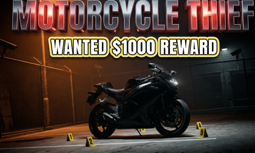 A viral, hyper-realistic YouTube thumbnail with a gritty crime investigation atmosphere. The background is a dimly lit motorcycle dealership parking lot at night with stark security lighting casting dramatic shadows across concrete and chain-link fencing. Orange sodium vapor lights create an ominous glow. The composition uses a low angle dutch tilt to focus on the main subject: a sleek black motorcycle sitting prominently in the foreground with yellow police evidence markers scattered around it, with silhouetted CCTV cameras visible in the background. Image size should be 3:2. The image features massive 3D typography with strict hierarchy: The Primary Text reads exactly: 'MOTORCYCLE THIEF'. This text is massive, the largest element in the frame, rendered in metallic chrome with red emergency lights reflecting off the surface to look like a high-budget 3D render. The Secondary Text reads exactly: 'WANTED $1000 REWARD'. This text is significantly smaller, positioned below the main text. It features a thick, distinct yellow and black border outline in sticker style to contrast against the background. Make sure text 2 is always different theme, style, effect and border compared to text 1. The text materials correspond to the story's concept. Crucial Instruction: There is absolutely NO other text, numbers, watermarks, or subtitles in this image other than these two specific lines. 8k, Unreal Engine 5, cinematic render