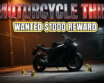 A viral, hyper-realistic YouTube thumbnail with a gritty crime investigation atmosphere. The background is a dimly lit motorcycle dealership parking lot at night with stark security lighting casting dramatic shadows across concrete and chain-link fencing. Orange sodium vapor lights create an ominous glow. The composition uses a low angle dutch tilt to focus on the main subject: a sleek black motorcycle sitting prominently in the foreground with yellow police evidence markers scattered around it, with silhouetted CCTV cameras visible in the background. Image size should be 3:2. The image features massive 3D typography with strict hierarchy: The Primary Text reads exactly: 'MOTORCYCLE THIEF'. This text is massive, the largest element in the frame, rendered in metallic chrome with red emergency lights reflecting off the surface to look like a high-budget 3D render. The Secondary Text reads exactly: 'WANTED $1000 REWARD'. This text is significantly smaller, positioned below the main text. It features a thick, distinct yellow and black border outline in sticker style to contrast against the background. Make sure text 2 is always different theme, style, effect and border compared to text 1. The text materials correspond to the story's concept. Crucial Instruction: There is absolutely NO other text, numbers, watermarks, or subtitles in this image other than these two specific lines. 8k, Unreal Engine 5, cinematic render