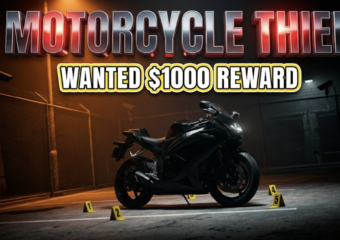 A viral, hyper-realistic YouTube thumbnail with a gritty crime investigation atmosphere. The background is a dimly lit motorcycle dealership parking lot at night with stark security lighting casting dramatic shadows across concrete and chain-link fencing. Orange sodium vapor lights create an ominous glow. The composition uses a low angle dutch tilt to focus on the main subject: a sleek black motorcycle sitting prominently in the foreground with yellow police evidence markers scattered around it, with silhouetted CCTV cameras visible in the background. Image size should be 3:2. The image features massive 3D typography with strict hierarchy: The Primary Text reads exactly: 'MOTORCYCLE THIEF'. This text is massive, the largest element in the frame, rendered in metallic chrome with red emergency lights reflecting off the surface to look like a high-budget 3D render. The Secondary Text reads exactly: 'WANTED $1000 REWARD'. This text is significantly smaller, positioned below the main text. It features a thick, distinct yellow and black border outline in sticker style to contrast against the background. Make sure text 2 is always different theme, style, effect and border compared to text 1. The text materials correspond to the story's concept. Crucial Instruction: There is absolutely NO other text, numbers, watermarks, or subtitles in this image other than these two specific lines. 8k, Unreal Engine 5, cinematic render