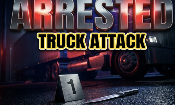 A viral, hyper-realistic YouTube thumbnail with a dark, suspenseful crime news atmosphere. The background is a detailed, dimly lit street corner featuring the side of a massive semi-truck cabin with flashing red and blue police lights casting dramatic shadows. The composition uses a low Dutch Angle to focus on the main subject: a detailed, metallic police evidence marker placed on wet asphalt next to a silver blade. Image size should be 3:2. The image features massive 3D typography with strict hierarchy: The Primary Text reads exactly: 'ARRESTED'. This text is massive, the largest element in the frame, rendered in brushed steel metal with harsh neon red reflections to look like a high-budget 3D render. The Secondary Text reads exactly: 'TRUCK ATTACK'. This text is significantly smaller, positioned below the main text. It features a thick, distinct yellow border/outline with bold black fill (caution tape sticker style) to contrast against the background. Make sure text 2 is always different theme, style, effect and border compared to text 1. The text materials correspond to the story's concept. Crucial Instruction: There is absolutely NO other text, numbers, watermarks, or subtitles in this image other than these two specific lines. 8k, Unreal Engine 5, cinematic render