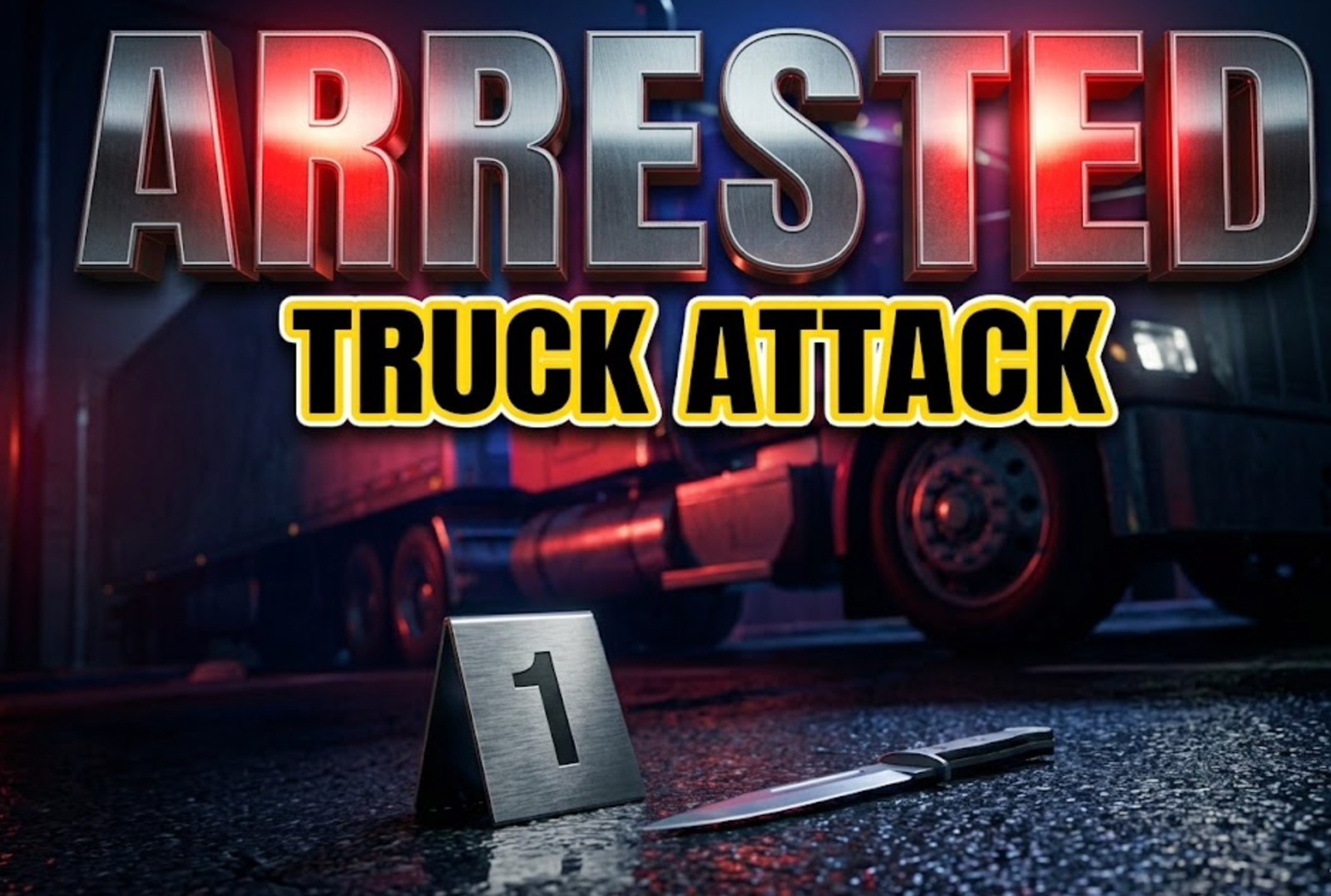 A viral, hyper-realistic YouTube thumbnail with a dark, suspenseful crime news atmosphere. The background is a detailed, dimly lit street corner featuring the side of a massive semi-truck cabin with flashing red and blue police lights casting dramatic shadows. The composition uses a low Dutch Angle to focus on the main subject: a detailed, metallic police evidence marker placed on wet asphalt next to a silver blade. Image size should be 3:2. The image features massive 3D typography with strict hierarchy: The Primary Text reads exactly: 'ARRESTED'. This text is massive, the largest element in the frame, rendered in brushed steel metal with harsh neon red reflections to look like a high-budget 3D render. The Secondary Text reads exactly: 'TRUCK ATTACK'. This text is significantly smaller, positioned below the main text. It features a thick, distinct yellow border/outline with bold black fill (caution tape sticker style) to contrast against the background. Make sure text 2 is always different theme, style, effect and border compared to text 1. The text materials correspond to the story's concept. Crucial Instruction: There is absolutely NO other text, numbers, watermarks, or subtitles in this image other than these two specific lines. 8k, Unreal Engine 5, cinematic render