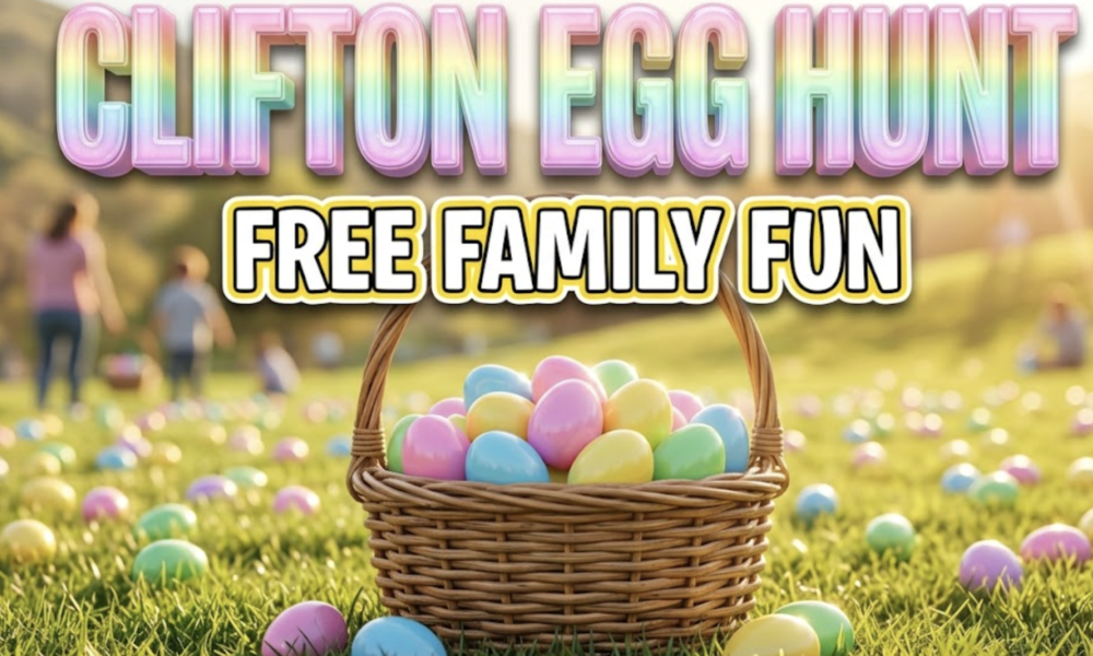 A viral, hyper-realistic YouTube thumbnail with a vibrant community celebration atmosphere. The background is a sun-drenched Colorado park setting with green grass, scattered colorful Easter eggs, and soft spring sunlight creating warm golden hour lighting with lens flares. The composition uses a low angle hero shot to focus on the main subject: an overflowing wicker basket filled with bright pastel plastic eggs in pink, blue, yellow, and green, positioned in sharp focus in the foreground with shallow depth of field blurring the festive background. Image size should be 3:2. The image features massive 3D typography with strict hierarchy: The Primary Text reads exactly: 'CLIFTON EGG HUNT'. This text is massive, the largest element in the frame, rendered in shimmering candy-coated gloss material with pastel rainbow gradient effects to look like a high-budget 3D render with spring theme energy. The Secondary Text reads exactly: 'FREE FAMILY FUN'. This text is significantly smaller, positioned below the main text. It features a thick, distinct white border with bright yellow outline in sticker style to contrast against the background. Make sure text 2 is always different theme, style, effect and border compared to text 1. The text materials correspond to the story's concept. Crucial Instruction: There is absolutely NO other text, numbers, watermarks, or subtitles in this image other than these two specific lines. 8k, Unreal Engine 5, cinematic render.