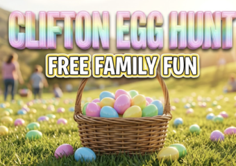 A viral, hyper-realistic YouTube thumbnail with a vibrant community celebration atmosphere. The background is a sun-drenched Colorado park setting with green grass, scattered colorful Easter eggs, and soft spring sunlight creating warm golden hour lighting with lens flares. The composition uses a low angle hero shot to focus on the main subject: an overflowing wicker basket filled with bright pastel plastic eggs in pink, blue, yellow, and green, positioned in sharp focus in the foreground with shallow depth of field blurring the festive background. Image size should be 3:2. The image features massive 3D typography with strict hierarchy: The Primary Text reads exactly: 'CLIFTON EGG HUNT'. This text is massive, the largest element in the frame, rendered in shimmering candy-coated gloss material with pastel rainbow gradient effects to look like a high-budget 3D render with spring theme energy. The Secondary Text reads exactly: 'FREE FAMILY FUN'. This text is significantly smaller, positioned below the main text. It features a thick, distinct white border with bright yellow outline in sticker style to contrast against the background. Make sure text 2 is always different theme, style, effect and border compared to text 1. The text materials correspond to the story's concept. Crucial Instruction: There is absolutely NO other text, numbers, watermarks, or subtitles in this image other than these two specific lines. 8k, Unreal Engine 5, cinematic render.