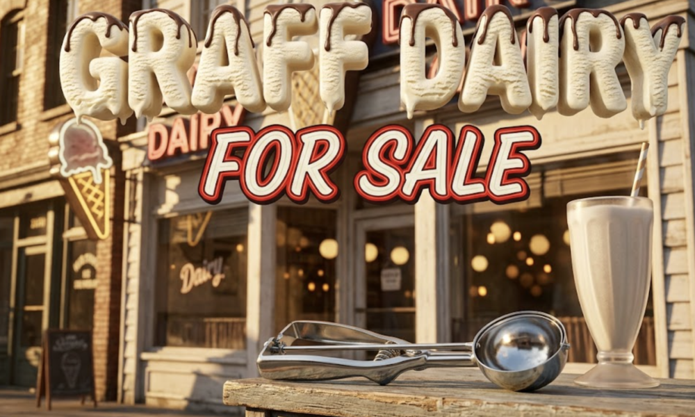 A viral, hyper-realistic YouTube thumbnail with a nostalgic Americana atmosphere. The background is a sun-drenched vintage ice cream parlor exterior with classic neon signage and warm golden hour lighting casting long shadows across the storefront. The composition uses a slightly low angle to focus on the main subject: a gleaming chrome ice cream scoop resting on a weathered wooden counter next to a classic milkshake glass, with soft bokeh lights from the shop windows. Image size should be 3:2. The image features massive 3D typography with strict hierarchy: The Primary Text reads exactly: 'GRAFF DAIRY'. This text is massive, the largest element in the frame, rendered in creamy vanilla ice cream with chocolate drizzle to look like a high-budget 3D render with realistic melting effects. The Secondary Text reads exactly: 'FOR SALE'. This text is significantly smaller, positioned below the main text. It features a thick, distinct red and white border in retro diner style with a bold outline to contrast against the background. Make sure text 2 is always different theme, style, effect and border compared to text 1. The text materials correspond to the story's concept. Crucial Instruction: There is absolutely NO other text, numbers, watermarks, or subtitles in this image other than these two specific lines. 8k, Unreal Engin