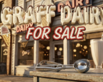 A viral, hyper-realistic YouTube thumbnail with a nostalgic Americana atmosphere. The background is a sun-drenched vintage ice cream parlor exterior with classic neon signage and warm golden hour lighting casting long shadows across the storefront. The composition uses a slightly low angle to focus on the main subject: a gleaming chrome ice cream scoop resting on a weathered wooden counter next to a classic milkshake glass, with soft bokeh lights from the shop windows. Image size should be 3:2. The image features massive 3D typography with strict hierarchy: The Primary Text reads exactly: 'GRAFF DAIRY'. This text is massive, the largest element in the frame, rendered in creamy vanilla ice cream with chocolate drizzle to look like a high-budget 3D render with realistic melting effects. The Secondary Text reads exactly: 'FOR SALE'. This text is significantly smaller, positioned below the main text. It features a thick, distinct red and white border in retro diner style with a bold outline to contrast against the background. Make sure text 2 is always different theme, style, effect and border compared to text 1. The text materials correspond to the story's concept. Crucial Instruction: There is absolutely NO other text, numbers, watermarks, or subtitles in this image other than these two specific lines. 8k, Unreal Engin