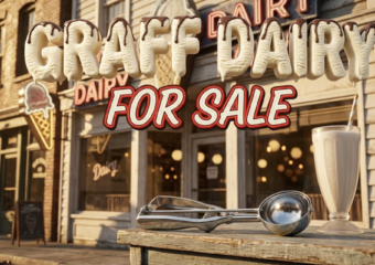 A viral, hyper-realistic YouTube thumbnail with a nostalgic Americana atmosphere. The background is a sun-drenched vintage ice cream parlor exterior with classic neon signage and warm golden hour lighting casting long shadows across the storefront. The composition uses a slightly low angle to focus on the main subject: a gleaming chrome ice cream scoop resting on a weathered wooden counter next to a classic milkshake glass, with soft bokeh lights from the shop windows. Image size should be 3:2. The image features massive 3D typography with strict hierarchy: The Primary Text reads exactly: 'GRAFF DAIRY'. This text is massive, the largest element in the frame, rendered in creamy vanilla ice cream with chocolate drizzle to look like a high-budget 3D render with realistic melting effects. The Secondary Text reads exactly: 'FOR SALE'. This text is significantly smaller, positioned below the main text. It features a thick, distinct red and white border in retro diner style with a bold outline to contrast against the background. Make sure text 2 is always different theme, style, effect and border compared to text 1. The text materials correspond to the story's concept. Crucial Instruction: There is absolutely NO other text, numbers, watermarks, or subtitles in this image other than these two specific lines. 8k, Unreal Engin