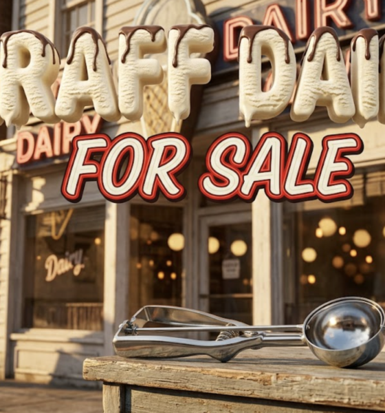A viral, hyper-realistic YouTube thumbnail with a nostalgic Americana atmosphere. The background is a sun-drenched vintage ice cream parlor exterior with classic neon signage and warm golden hour lighting casting long shadows across the storefront. The composition uses a slightly low angle to focus on the main subject: a gleaming chrome ice cream scoop resting on a weathered wooden counter next to a classic milkshake glass, with soft bokeh lights from the shop windows. Image size should be 3:2. The image features massive 3D typography with strict hierarchy: The Primary Text reads exactly: 'GRAFF DAIRY'. This text is massive, the largest element in the frame, rendered in creamy vanilla ice cream with chocolate drizzle to look like a high-budget 3D render with realistic melting effects. The Secondary Text reads exactly: 'FOR SALE'. This text is significantly smaller, positioned below the main text. It features a thick, distinct red and white border in retro diner style with a bold outline to contrast against the background. Make sure text 2 is always different theme, style, effect and border compared to text 1. The text materials correspond to the story's concept. Crucial Instruction: There is absolutely NO other text, numbers, watermarks, or subtitles in this image other than these two specific lines. 8k, Unreal Engin