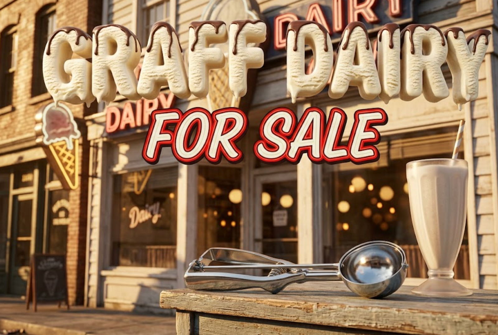 A viral, hyper-realistic YouTube thumbnail with a nostalgic Americana atmosphere. The background is a sun-drenched vintage ice cream parlor exterior with classic neon signage and warm golden hour lighting casting long shadows across the storefront. The composition uses a slightly low angle to focus on the main subject: a gleaming chrome ice cream scoop resting on a weathered wooden counter next to a classic milkshake glass, with soft bokeh lights from the shop windows. Image size should be 3:2. The image features massive 3D typography with strict hierarchy: The Primary Text reads exactly: 'GRAFF DAIRY'. This text is massive, the largest element in the frame, rendered in creamy vanilla ice cream with chocolate drizzle to look like a high-budget 3D render with realistic melting effects. The Secondary Text reads exactly: 'FOR SALE'. This text is significantly smaller, positioned below the main text. It features a thick, distinct red and white border in retro diner style with a bold outline to contrast against the background. Make sure text 2 is always different theme, style, effect and border compared to text 1. The text materials correspond to the story's concept. Crucial Instruction: There is absolutely NO other text, numbers, watermarks, or subtitles in this image other than these two specific lines. 8k, Unreal Engin