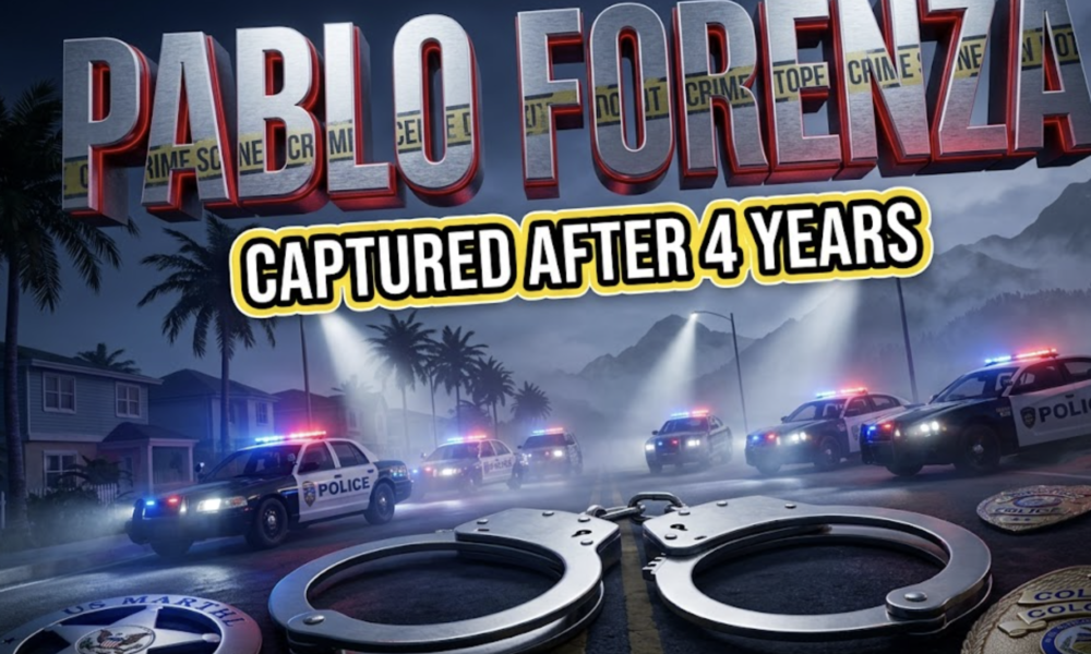 A viral, hyper-realistic YouTube thumbnail with a Law Enforcement/Crime atmosphere. The background is a dramatic night scene featuring a modern Florida beachside residential area with blue and red police lights illuminating palm trees and coastal fog, combined with a faded Colorado mountain landscape in split composition. Sharp spotlights cut through morning mist. The composition uses a Low Angle Dutch Tilt to focus on the main subject: a pair of steel handcuffs positioned prominently in the foreground, with U.S. Marshal and police badges partially visible, creating depth and authority. Image size should be 3:2. The image features massive 3D typography with strict hierarchy: The Primary Text reads exactly: 'PABLO FORENZA'. This text is massive, the largest element in the frame, rendered in Brushed Steel with Police Red accent lighting and crime scene tape texture to look like a high-budget 3D render. The Secondary Text reads exactly: 'CAPTURED AFTER 4 YEARS'. This text is significantly smaller, positioned below the main text. It features a thick, distinct yellow and black border/outline (caution tape sticker style) to contrast against the background. Make sure text 2 is always different theme, style, effect and border compared to text 1. The text materials correspond to the story's concept. Crucial Instruction: There is absolutely NO other text, numbers, watermarks, or subtitles in this image other than these two specific lines. 8k, Unreal Engine 5, cinematic render
